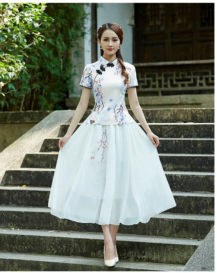 SHENG COCO Cheongsam Pria комплект из 2 предметов китайская блузка в стиле фолк элегантные Cheongsam Топы женское платье Ципао в китайском стиле Классические летние 3XL