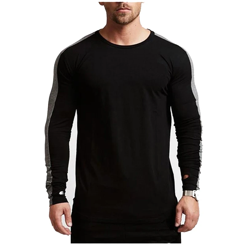 Nice Spring New Men Stitching Round Neck long-sleeved T-shirt Men self-cultivation Sports T-shirt Men Clothing Tops