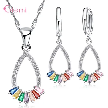 

Rainbow Color Crystal Genuine 925 Sterling Silver Bridal Jewelry Set Necklace/Earrings/ Wedding Accessories For Woman