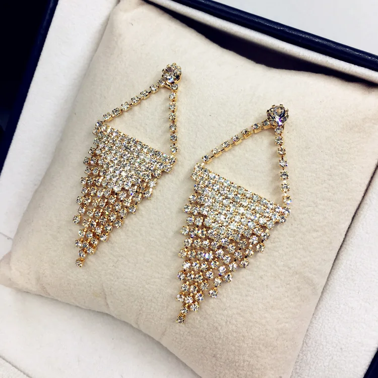 

Delicacy Korean-style Europe And America Exaggeration Earrings Retro Geometry Triangular Tassels Long Full of Crystals Ear Stud