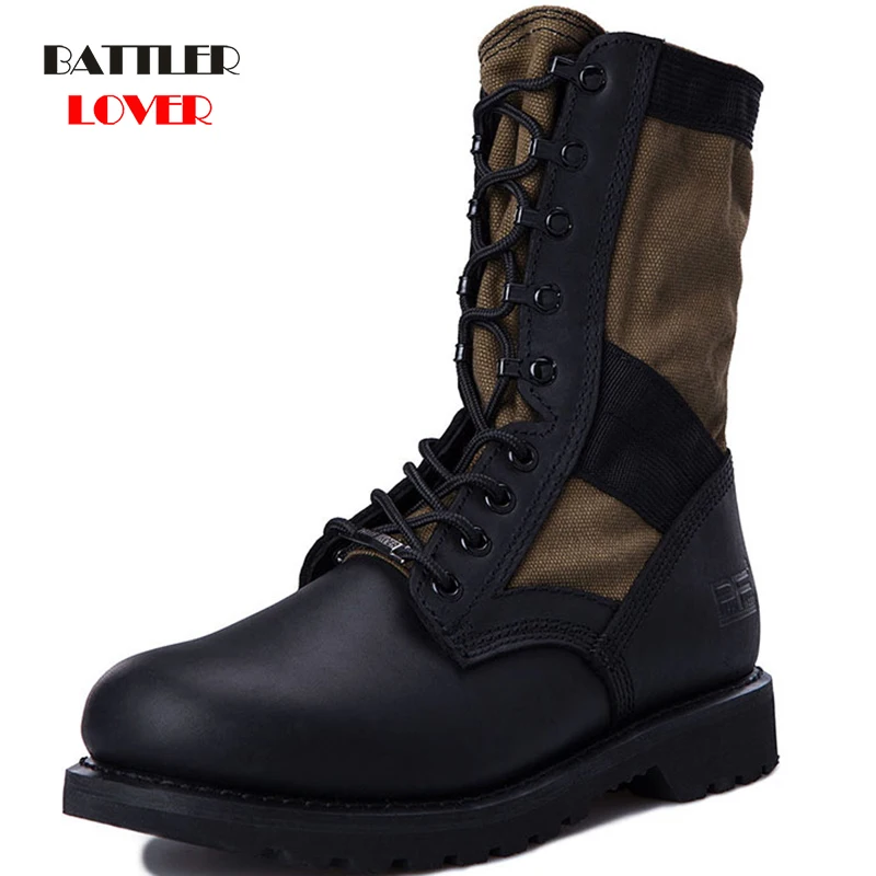 Men Military Boots Army Boots for Mens Cowhide Genuine Leather Canvas Breathe Freely Desert Boots Outdoor Tactical Boots Leather
