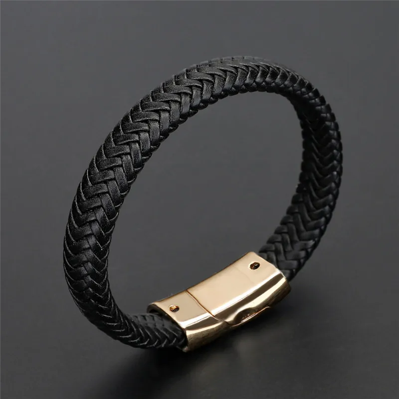 TANGYIN модный мужской браслет на магнитной застежке из нержавеющей стали 22 см Плетеный черный кожаный браслет для мужчин модные ювелирные украшения Pulseira - Metal Color: Gold