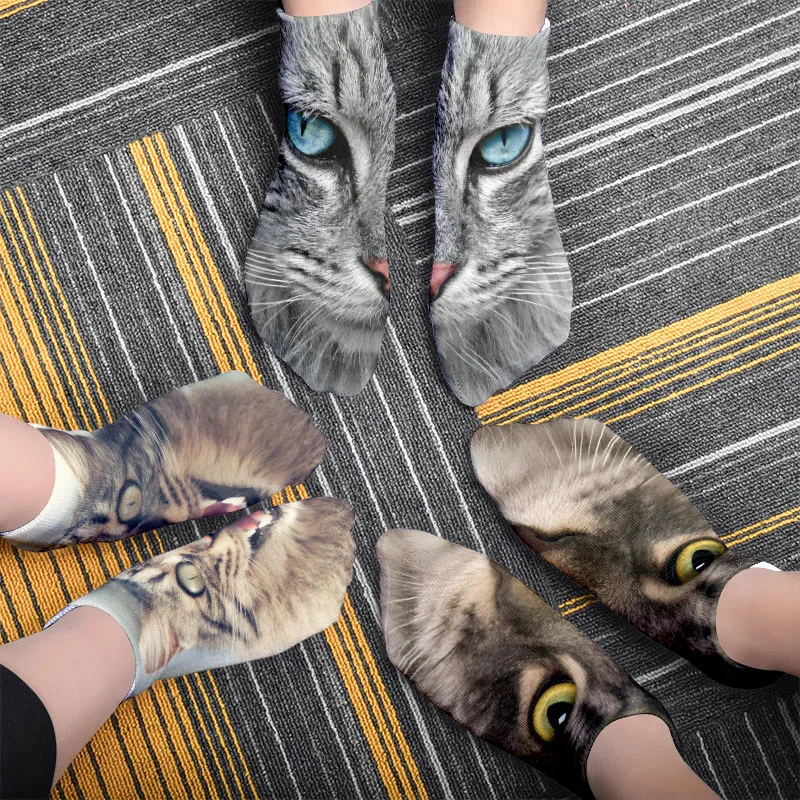 New Design 3D Printed Women Winter Christmas Socks Funny Creative Pet Cat Face Unisex Cotton Harajuku Ankle Socks Children Gift