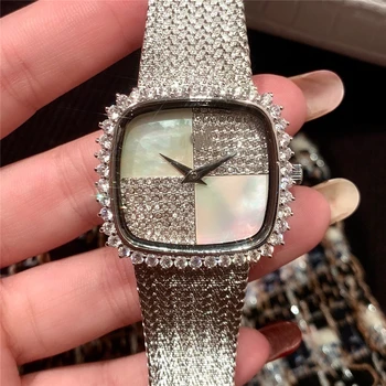 

brand P woman quartz watch stainless steel band watch full gems square symmetr natural white pearl dial palte luxury atmosphere
