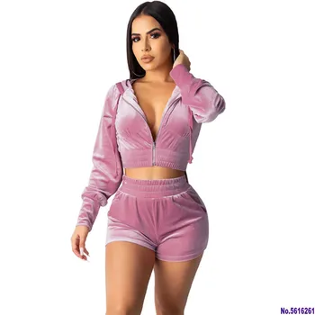 

Casual Velvet Tracksuit Women Sets Sportswear Hooded Two Piece Set Sweat Suits Female Cropped Zip Bomber Jacket and Shorts Set