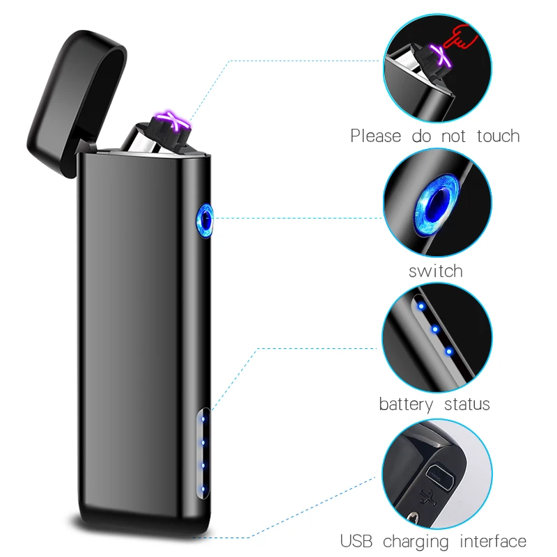 

New long Strip Display Lighter USB Dual Fire Arc Electronic Cigarette Lighter Plasma Chargeable Windproof Gift Lighters JL-925V