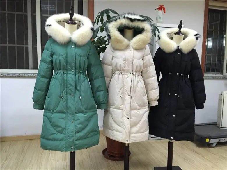 Women Winter White Duck Down Long Coat With Real Raccoon Fur Collar Hooded Jacket Female Casual Warm Down Parka Jacket N142