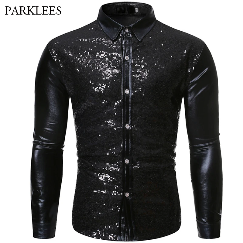 Embellished Glitter Sequins Shirt Men New Black Mens Metallic Disco Club Shirts Halloween Costume Chemise Homme Stage Shirt