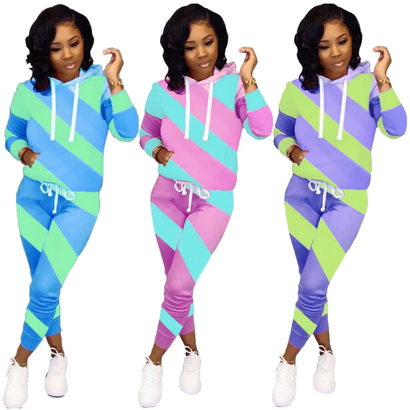 

Contrast Color Striped Patchwork Two Piece Set Hoodies Pullover Long Pants Matching Sets Casual Tracksuit For Women Loose Active