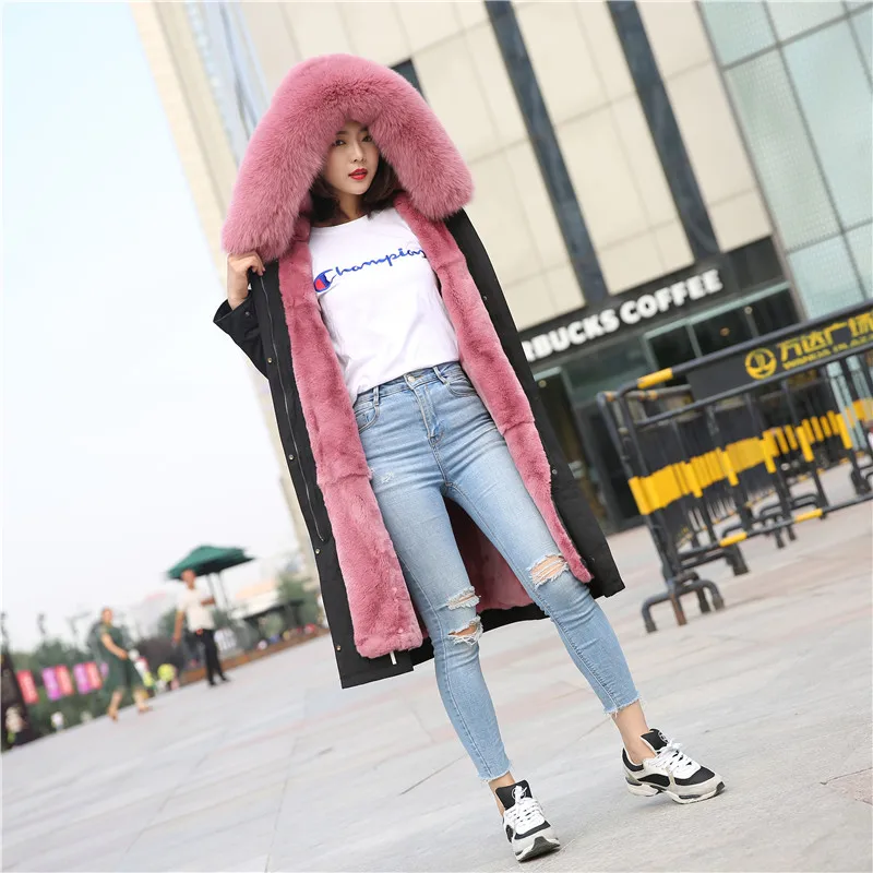 black and dark pink Зимнее меховое пальто для женщин, парка из натурального меха кролика Рекс, пальто из меха для женщин, настоящий мех кролика, подкладка из лисьего меха, воротник QD. YISHANG - Цвет: black and dark pink