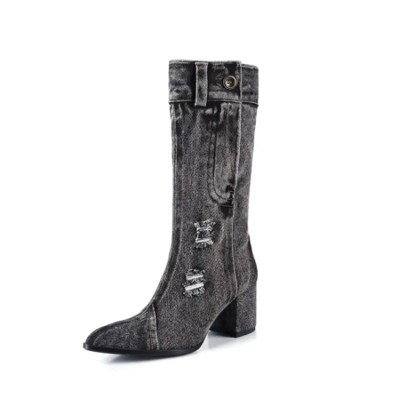 Зимние ботинки; женские черные джинсовые брюки; Botas Mujer; обувь с острым носком на не сужающемся книзу массивном каблуке; шикарная обувь с вышивкой и пуговицами; Модные женские ботиночки