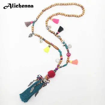 

Pompom Tassel Pendant Necklace Jewelry Bihemian Boho Ethnic Wooden Beads Shell Women Long Necklaces Statement Gifts for Girl