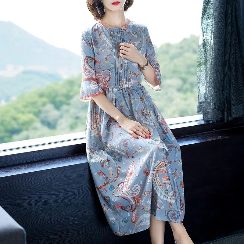 

Ozhouzhan Silk Dress 2019 Spring And Summer New Style Printed European Goods Fashion Western Style over-the-Knee Mulberry Silk L
