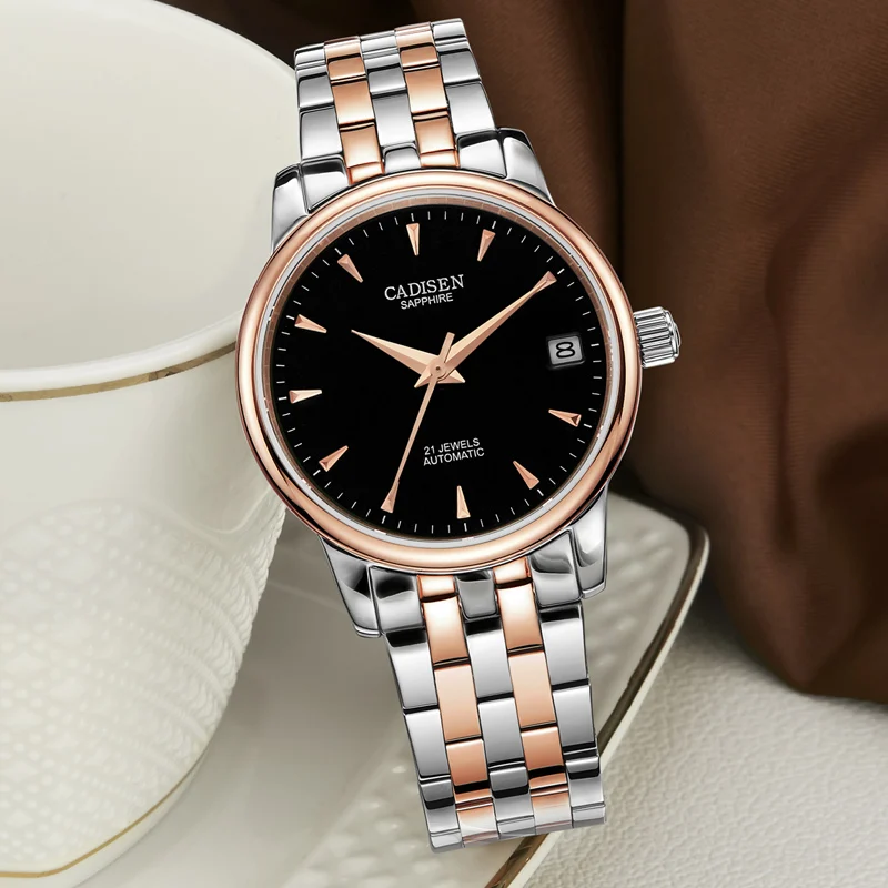 CADISEN светильник роскошные женские часы превосходное розовое золото нержавеющая сталь автоматические механические часы модные водонепроницаемые часы с календарем