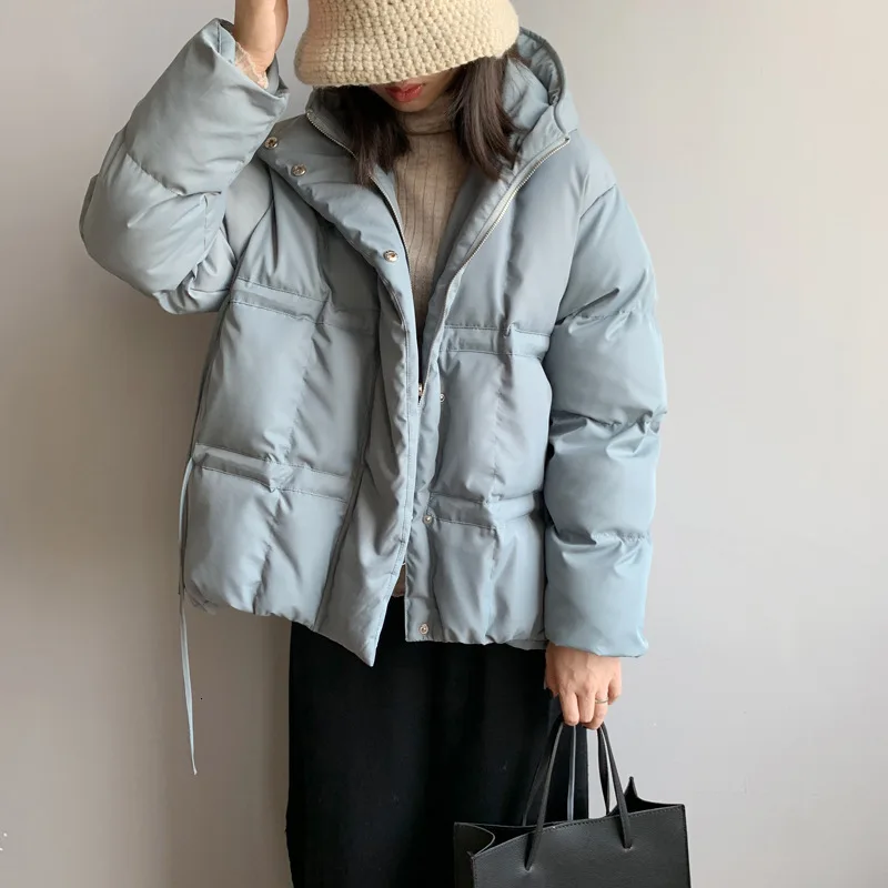 Autumn Winter Korean Warm Puffer Jacket Women Casual Solid Long Sleeve With Hooded Pink Blue Black Loose Coat Tops