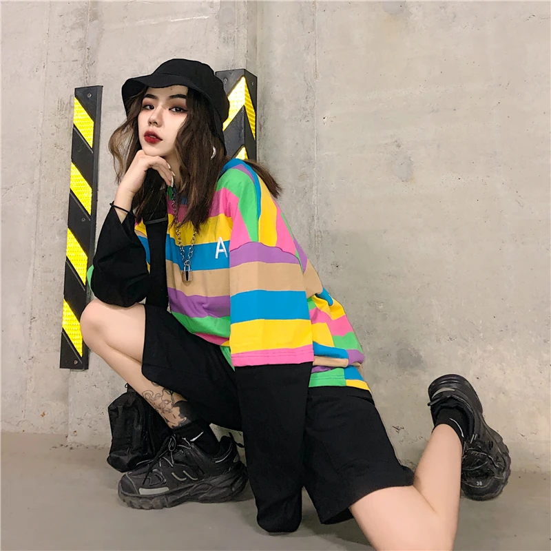 Focal20 Harajuku радужная полоса Лоскутная Женская футболка с длинным рукавом поддельные 2 шт. Осенняя женская футболка хит цвета женские футболки