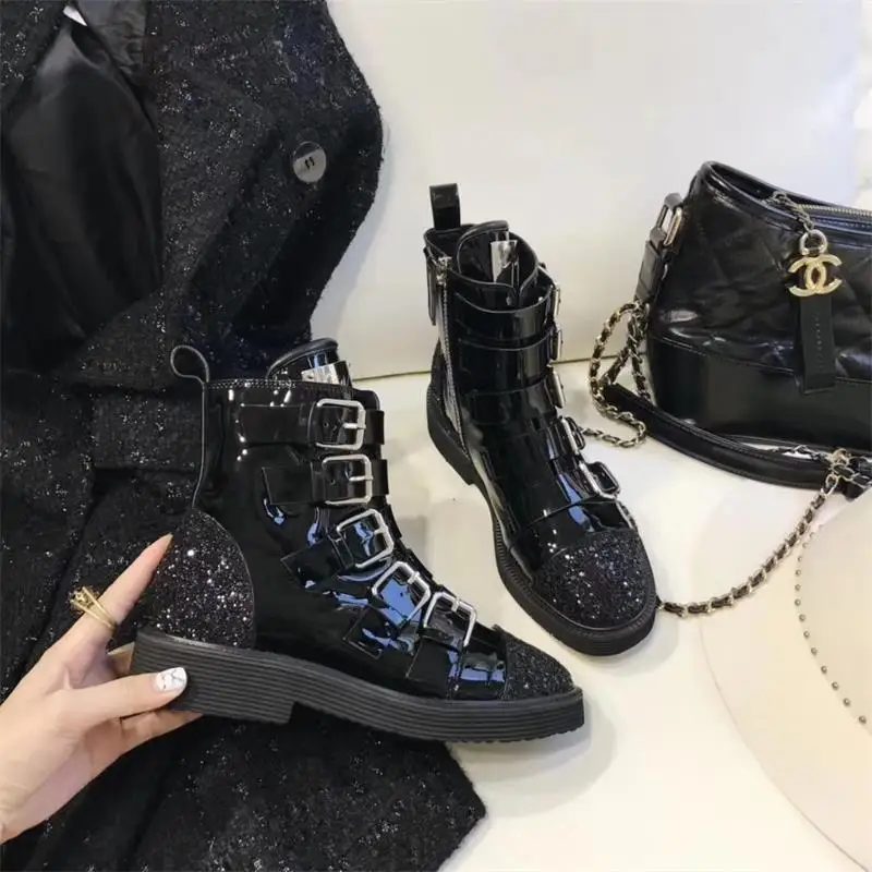 Women Winter Ankle Boots Motorcycle Zipper Black Cool Patent Leather Ladies Shoes Woman Luxury Brand Designer Scarpe Donna