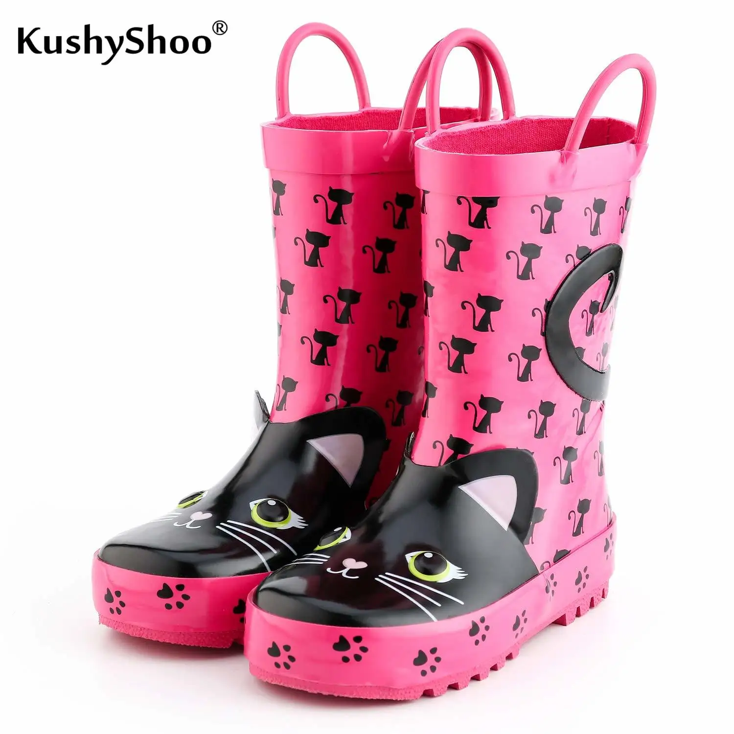 KushyShoo Kids Rain Boots Girl Rubber Boots with 3D Pink Cats Patterns