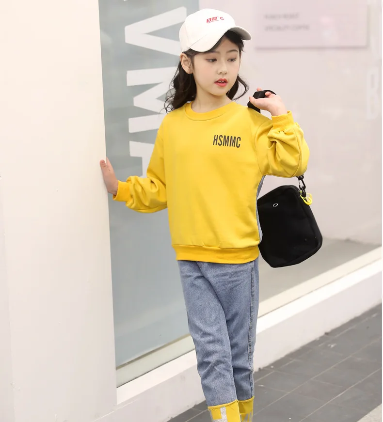 Yellow Комплекты одежды для детей осенние комплекты одежды для девочек модный свитер+ джинсовые штаны костюмы из 2 предметов г. Одежда для детей от 3 до 14 лет - Цвет: Yellow