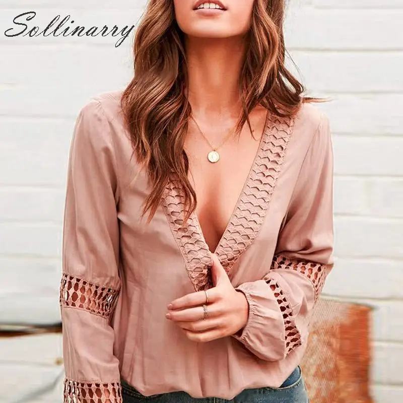 

Sollinarry Deep V Neck Sexy Blouses Female Winter Long Sleeve Loose Casual Shirts Tops Women 2019 Elegant Ladies Blusa Mujer