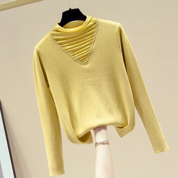 

COIGARSAM Full Sleeve blouse women New Knitting Patchwork Mesh Sheath Turtleneck blusas womens tops and blouses Pink Yellow 6660