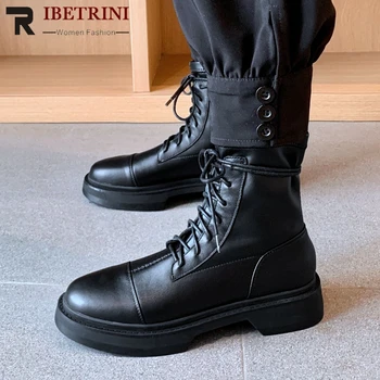 

RIBETRINI Brand New INS Hot Sale Genuine Leather Chic Cosy Shoelaces Cool Ankle Boot Stylish Winter Shoes Boots Women