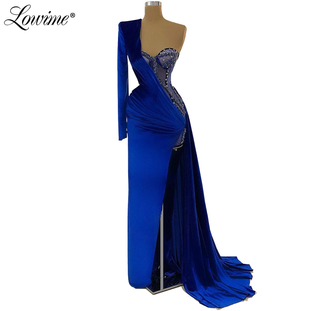 Lowime Dubai Design One Shoulder Yellow Crystals Evening Dresses 2022