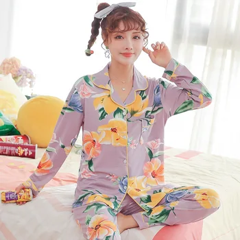 

Spring And Autumn Variety Of Milk Silk Pajamas Women's Lapel Cardigan Two-Piece Plus Size Fresh And Simple Ladies Home Service