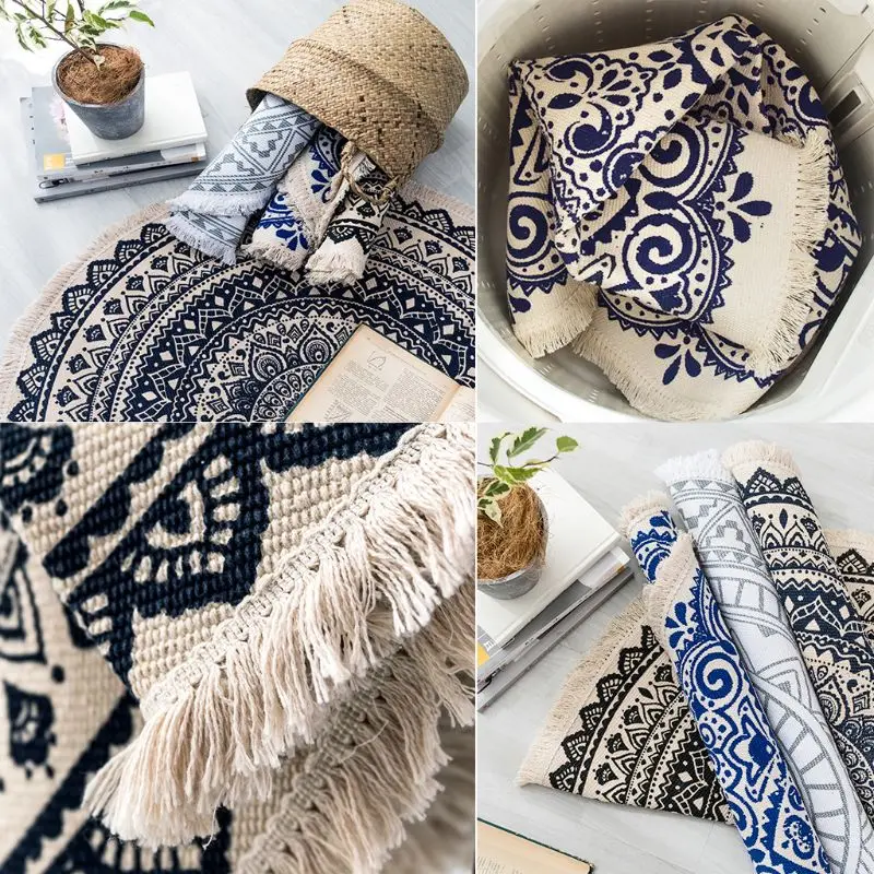 

Morocco Round Rug Boho Style Tassel Cotton Fabric Carpet Mat Door Blanket Decor M68E