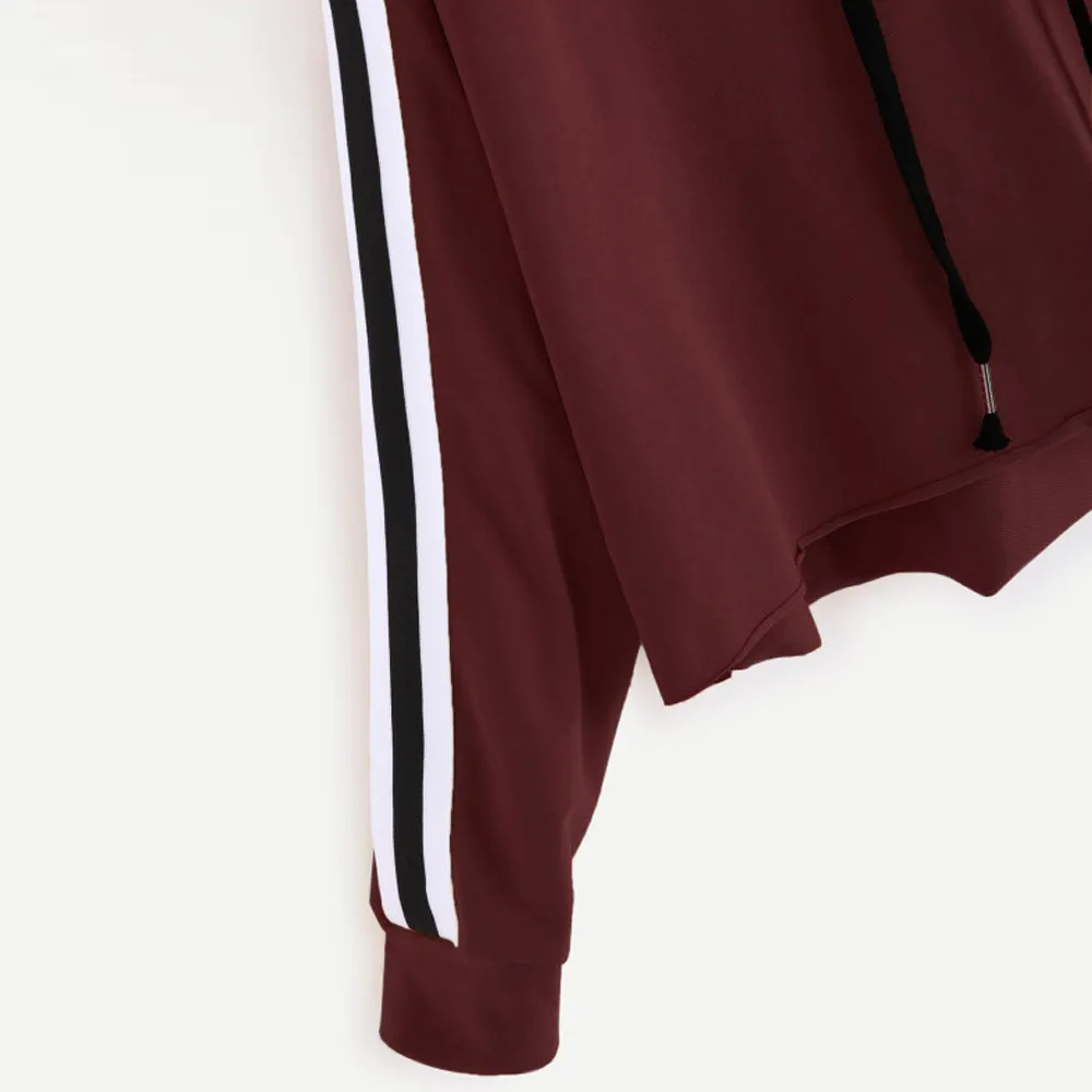 JAYCOSIN Fashion Women Striped Long Sleeve Loose Sweatshirt Casual Solid Simple Chic Solid Color Hooded Pullover Top 