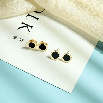 

2020 Spring Summer Hypoallergenic Black Enamel Round Ear Clip Stud Earrings for Girls New Factory Wholesale