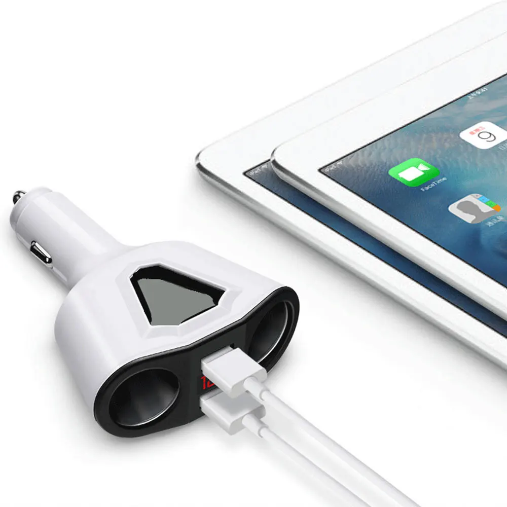 3.1A устройство для автомобиля с двумя портами USB Зарядное устройство с 2 зажигание зажигалки розетки 120 Вт Мощность Поддержка Дисплей ток Volmeter для iPhone iPad