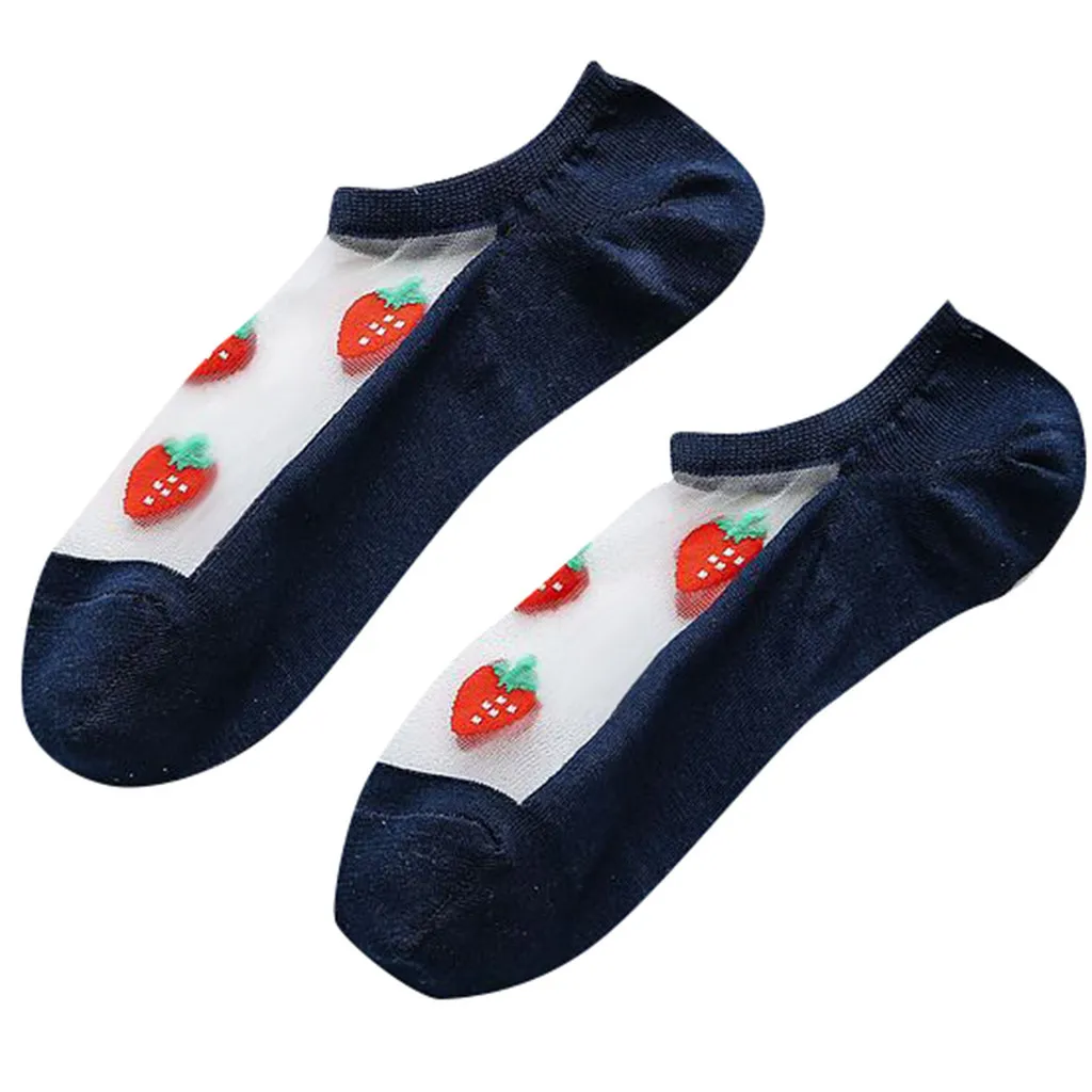 Women Casual Summer Fashion Transparent Silk Fruit Print Socks Short Cute Sock Funny Short Ankle Socks Ladies Cotton Sock - Color: NY