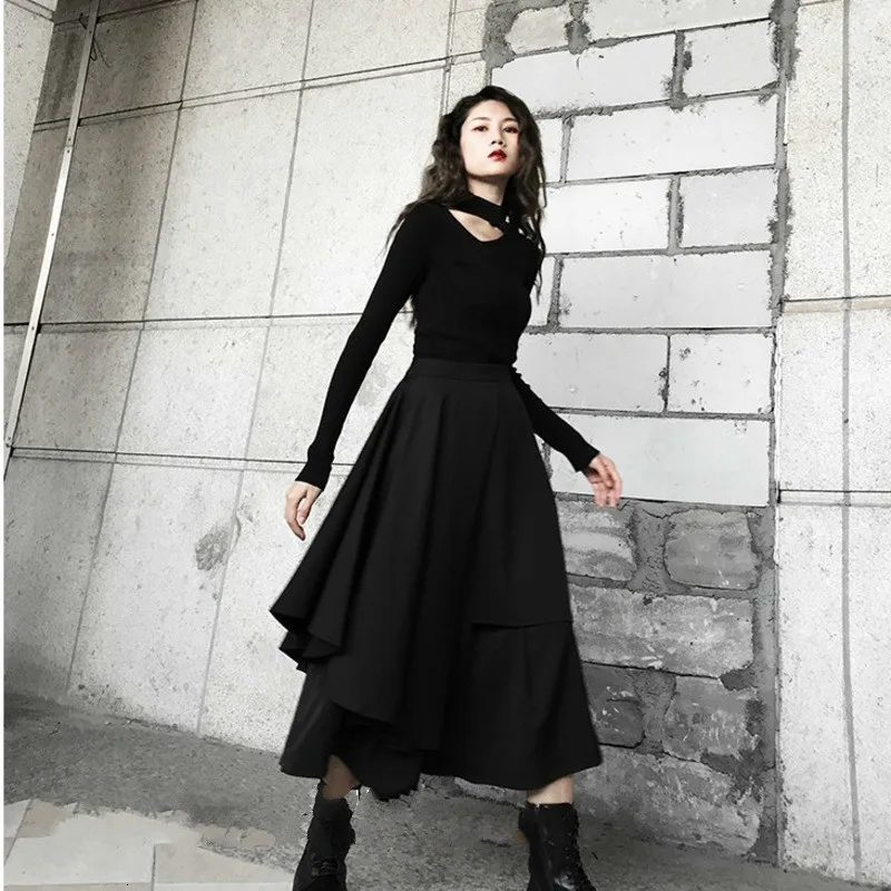 LANMREM, Весенняя новинка, необычная французская ретро юбка с высокой талией, дизайн, чувство слова, Длинная черная юбка PB802