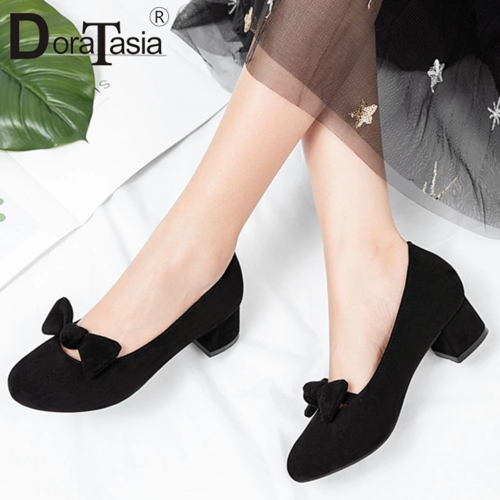 

DORATASIA Ladies Concise Solid Spring Pumps 2020 Shallow Med Chunky Heels Pumps Women Elegant butterfly-knot Shoes Woman