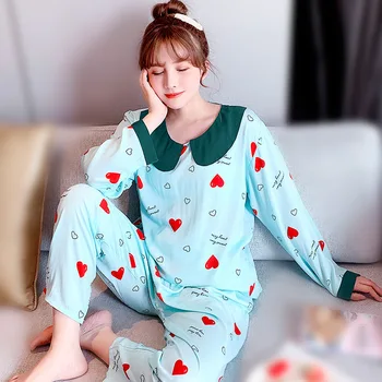 

Summer Cotton Silk Pajamas Women Thin Spring Autumn Two-piece Suit Ladies Doll Collar Long Sleeve Korean Sweet Home Clothes