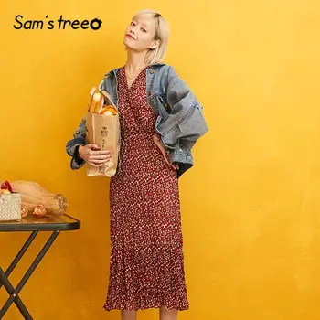 

SAM'S TREE Red Floral A line Chiffon Dress Women 2019 Winter Long Sleeve High Waist Elegant Casual Office Ladies Daily Dresses