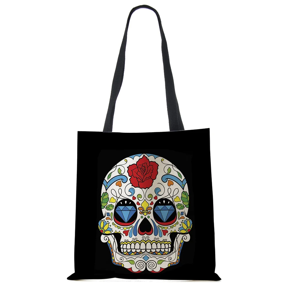 Floral Skull Print Linen Tote Bag Reusable Shoulder Bags Folding Women Casual Handbags Lady Fabric Totes