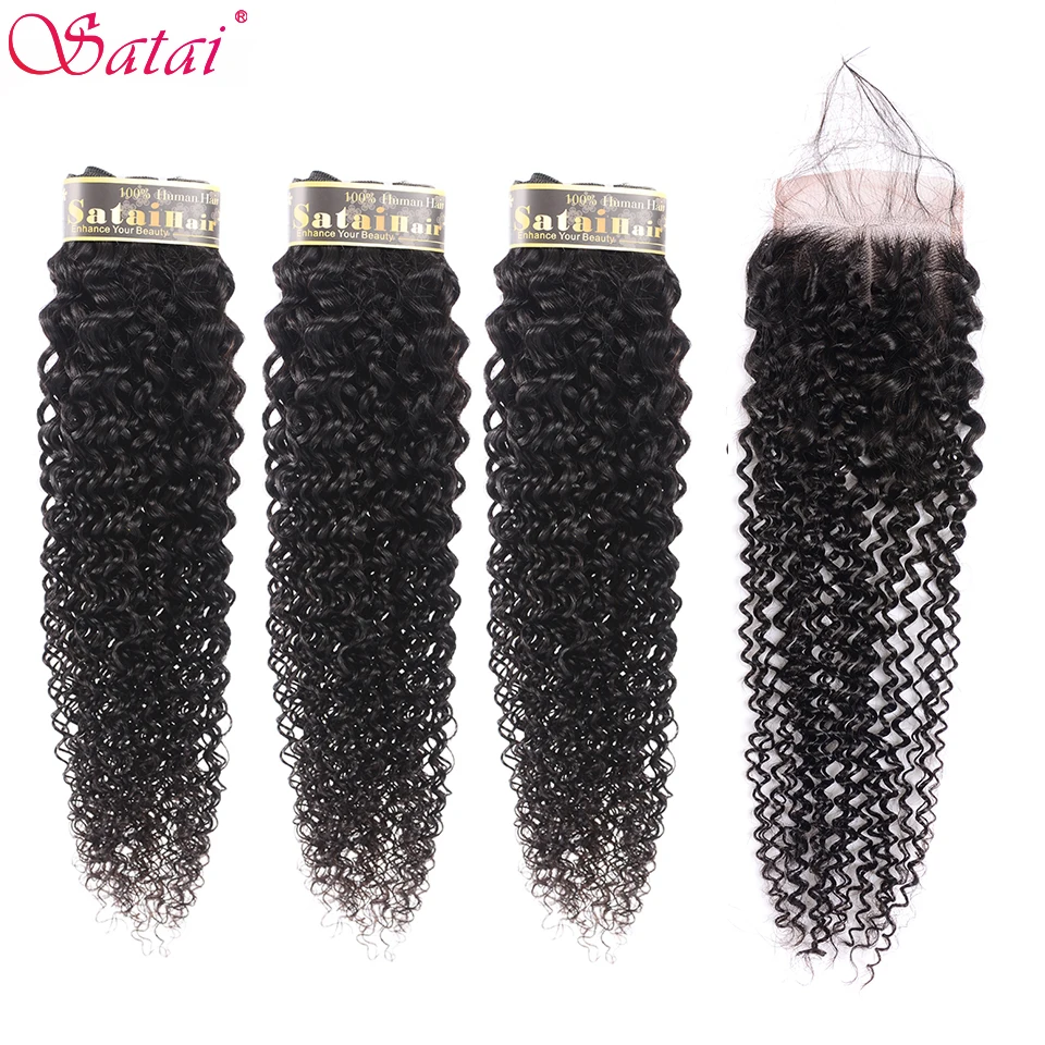 

Satai Malaysian Kinky Curly Hair 3 Bundles with Closure Natural Color Human Hair Weave Bundles Non Remy Hair