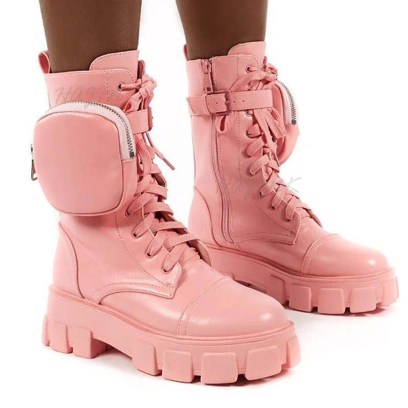 Женские ботинки; Модные массивные ботинки; Ботинки на платформе с карманами; Белые женские ботинки; Сезон осень зима; Ботинки на высоком каблуке; Botas Mujer; 2020|Сапоги до середины голени| | АлиЭкспресс