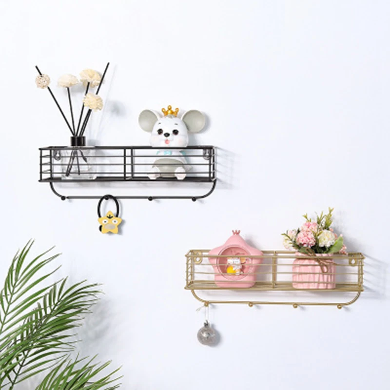 

Hollow Iron Shelf with hooks Wall-mounted Storage Rack Hanger Home Decor Ornaments Display Succulents Plant Pot Bonsai Holder