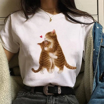 

Summer T Shirts Women Casual Cute Shirts Korean Harajuku Kawaii Casual O-Neck T-shirt Cat Graphic Streetwear Tshirts Top Female