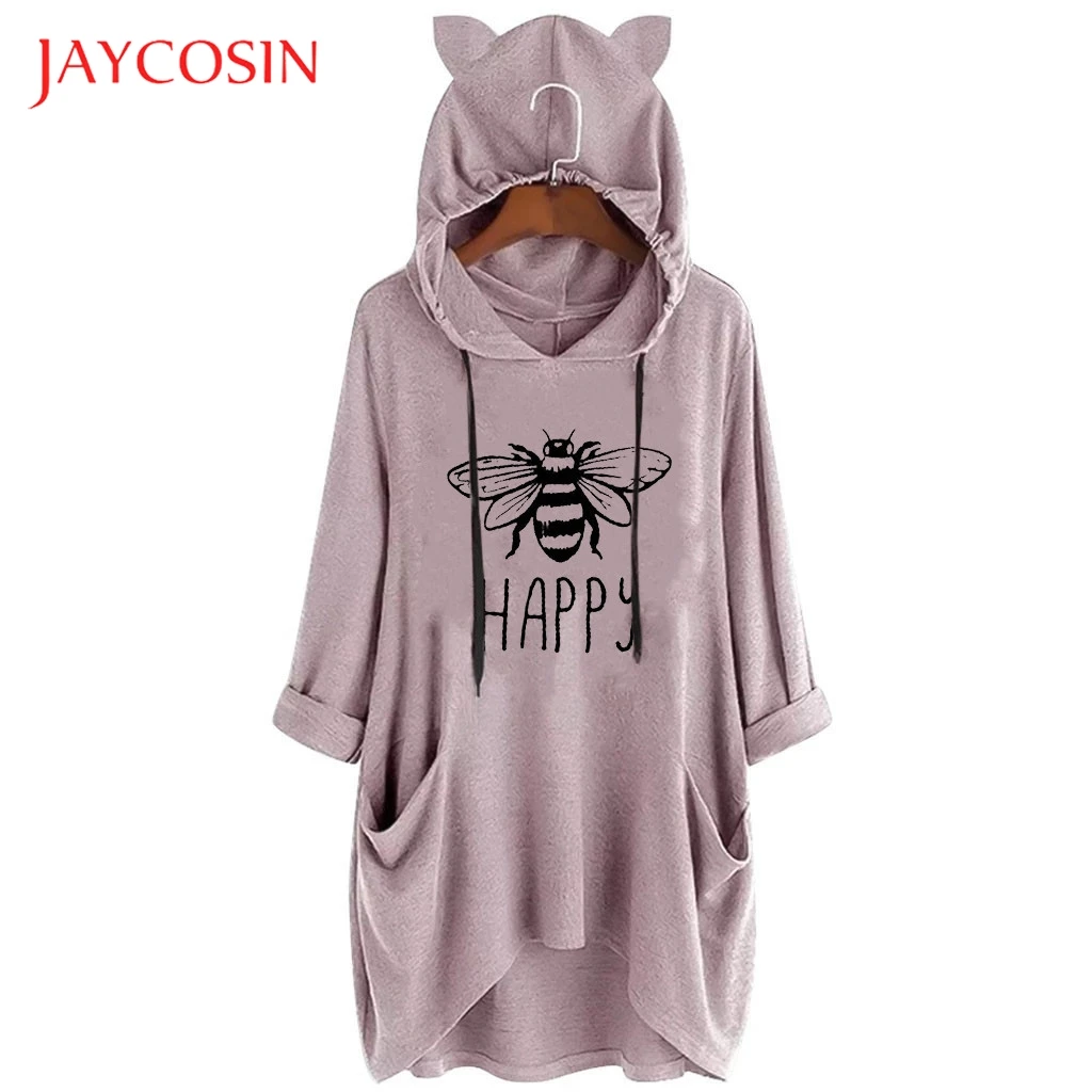 Женская футболка с капюшоном JAYCOSIN Повседневная принтом пчелы и кошачьими ушками