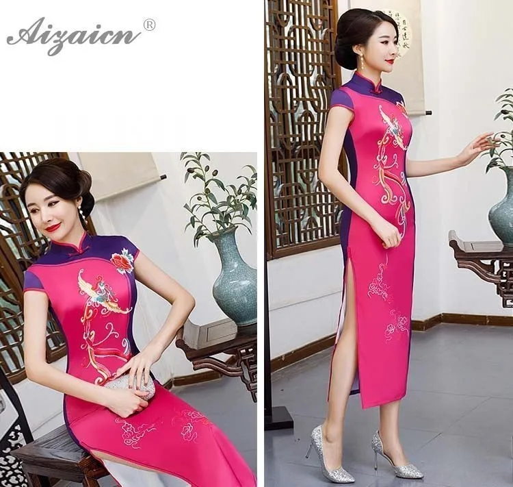 Восточный стиль печати Длинные Cheongsam Современный Тонкий сращивания Qi Pao подобные шелковые платья для женщин Китайская традиционная одежда