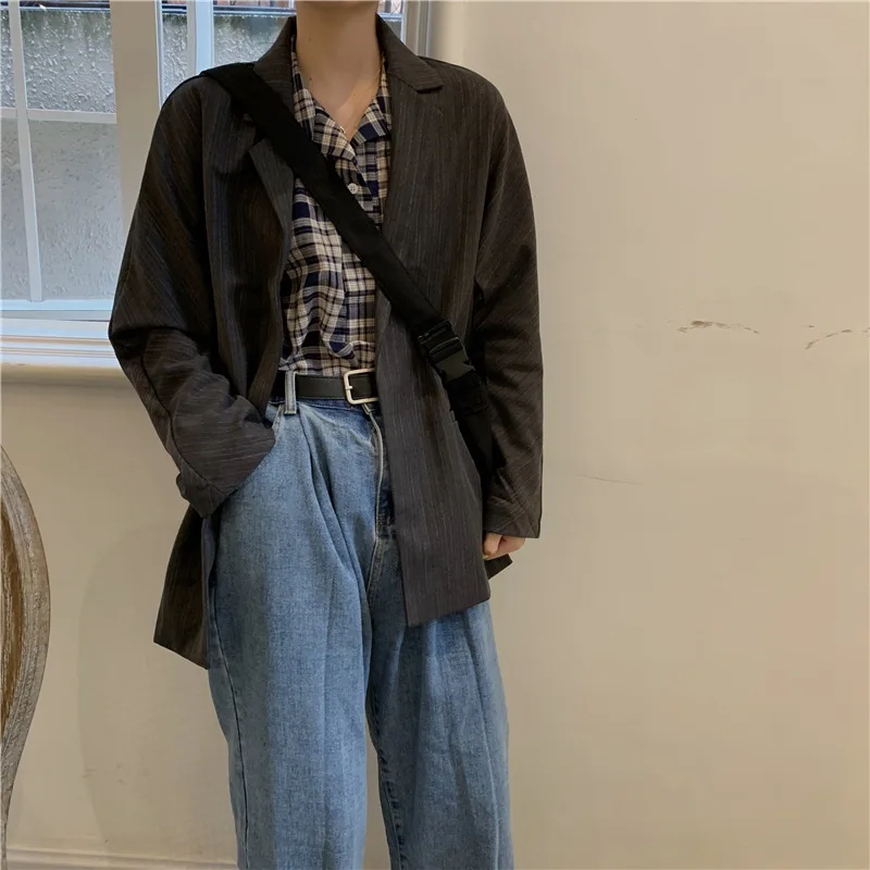 

Autumn Clothing Korean-style Retro Classic Vertical Striped Suit Jacket Loose-Fit Versatile Casual Small Suit Long Sleeve Blouse
