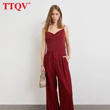 

TTQV Casual Red Women's Pants 2022 Fashion High Waist Pleated Trousers Ladies Vintage Loose Full Length Wide Pants Pocket Korea