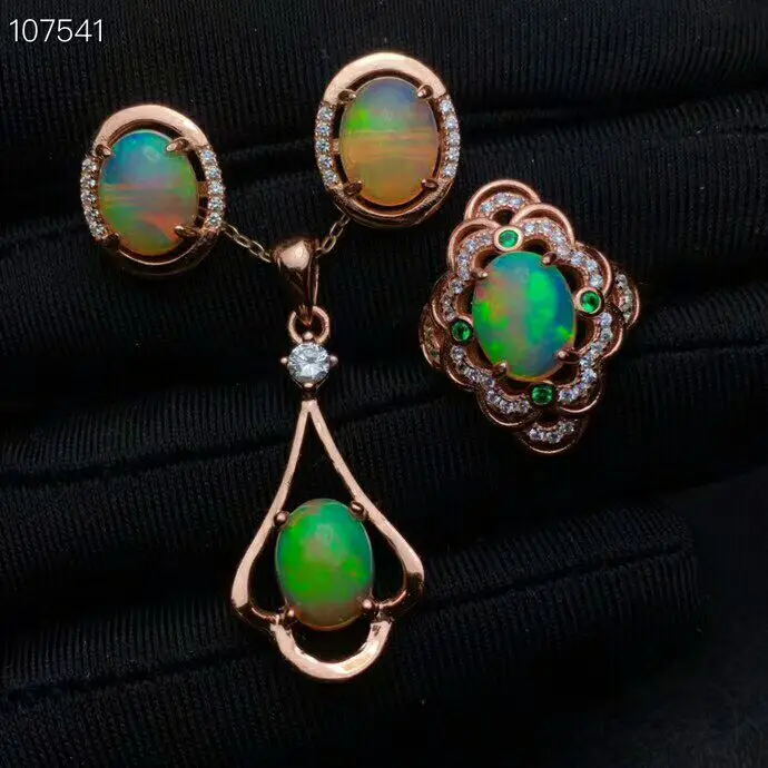 

MeiBaPJ Natural Opal Gemstone Flower Earrings Ring and Necklace 3 Siut for Women Real 925 Sterling Silver Fine Jewelry Set
