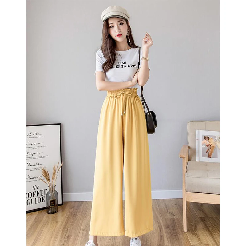 New Women Ice Silk knitted Wide Leg Pants Summer Elastic High Waist Drawstring Trousers Female Casual Loose Pant HH042
