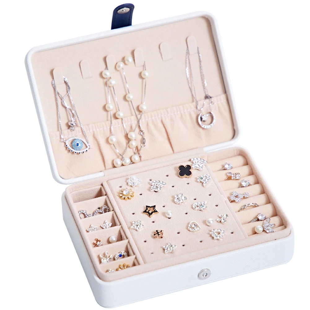 Portable Snap Button 2 Style Mirror&Hook Up Jewelry Organization Box Velvet Ring Box Tray Storage Rings Display Case Storage Box