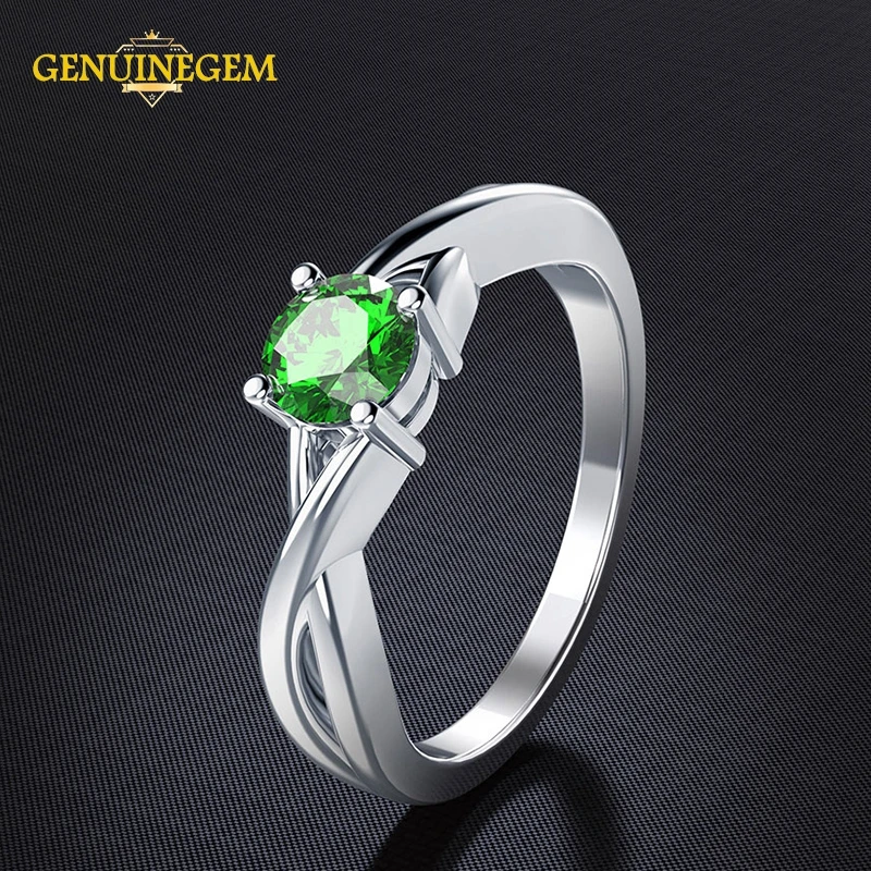 GENUINEGEM Настоящее 925 Серебряное ювелирное изделие кольца для женщин 5 мм круглое сапфировое кольцо из драгоценных камней юбилейные Ювелирные изделия Подарки - Цвет камня: Зеленый